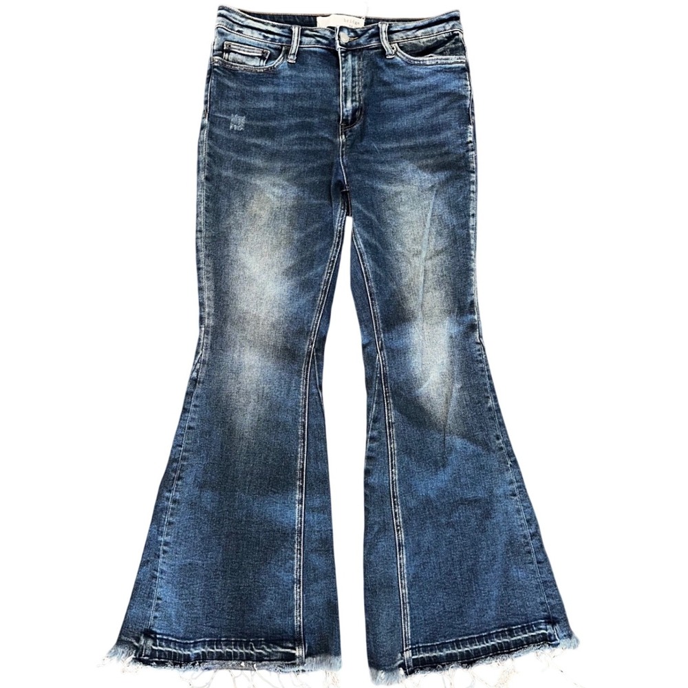 Bridge by GLY High Rise Super Flare Jeans Distressed Raw Hem Size 28 BG5796S